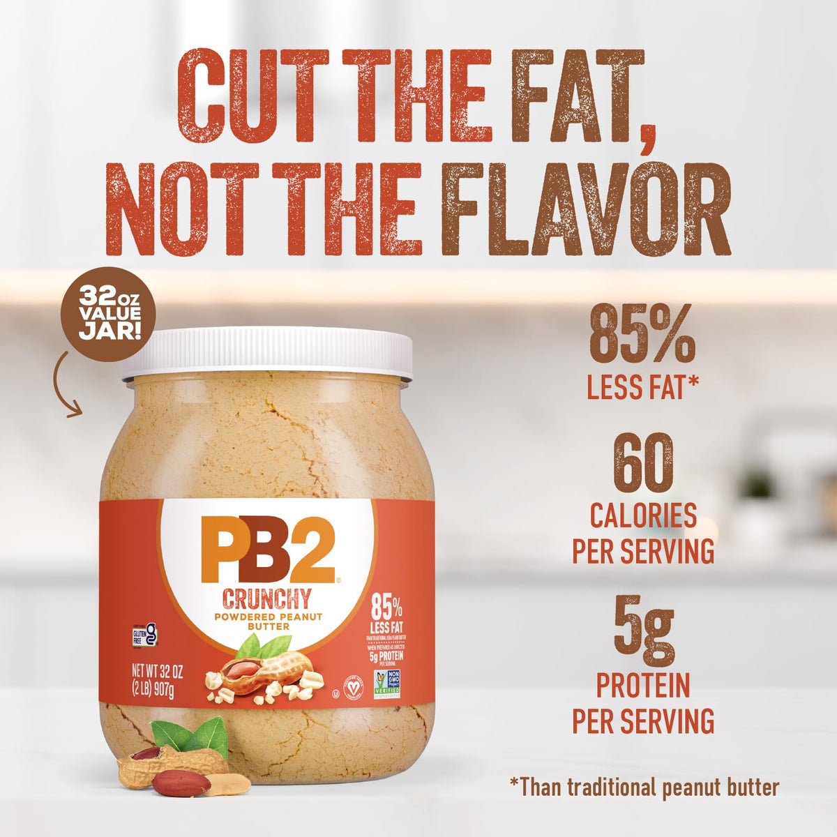 PB2 Crunchy Powdered Peanut Butter bag with scoop demonstrates precise prep.