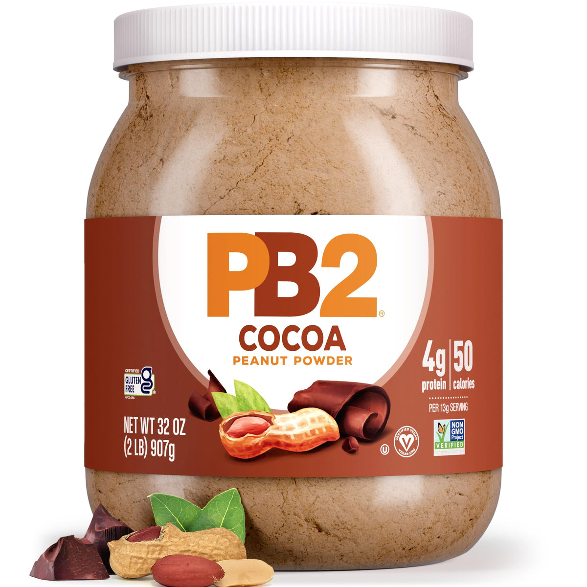 PB2 jar close-up shows rich cocoa flavor and low-fat protein option for shakes.