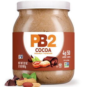 PB2 jar close-up shows rich cocoa flavor and low-fat protein option for shakes.