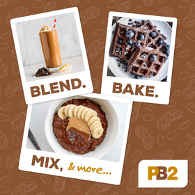 PB2 jar pouring into blender for smoothie preparation with protein boost.