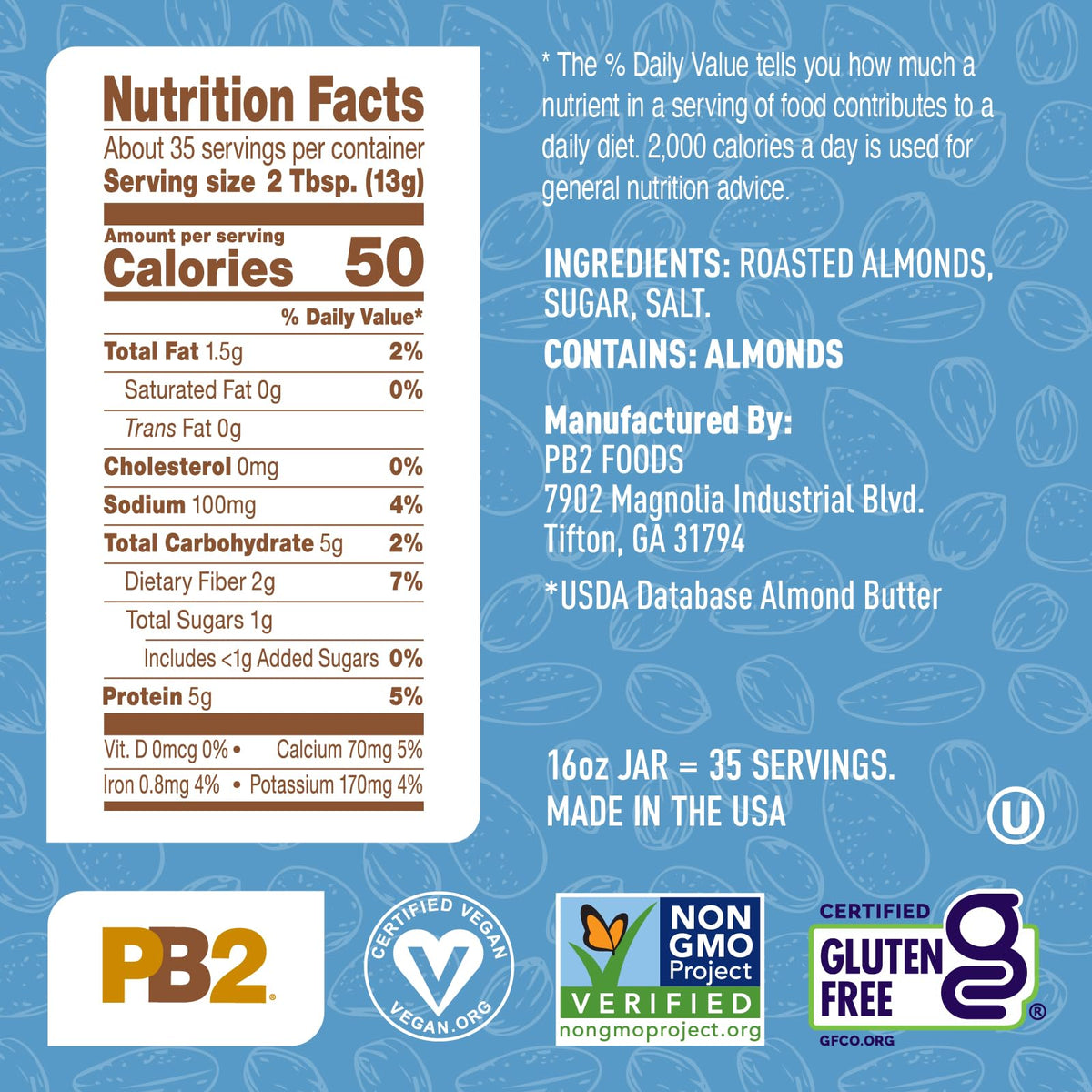PB2 non-GMO gluten-free label emphasizing clean ingredient choice.