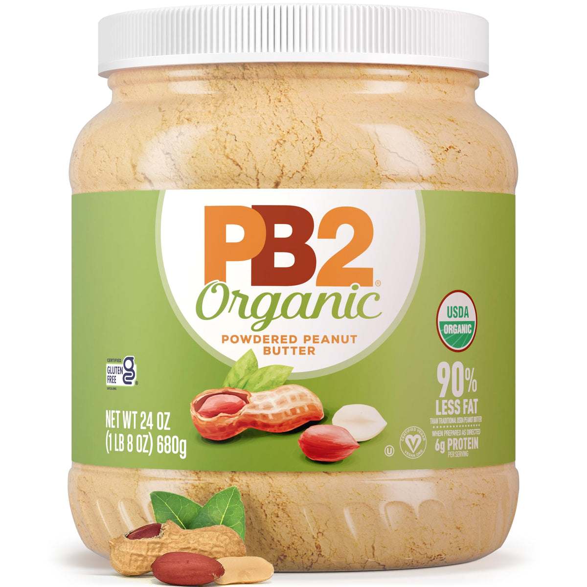 PB2 Organic Powdered Peanut Butter jar front highlights gluten-free option.
