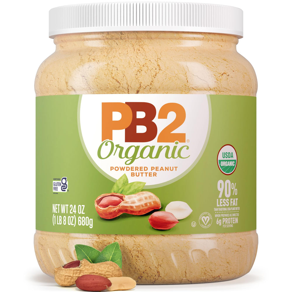PB2 Organic Powdered Peanut Butter jar front highlights gluten-free option.