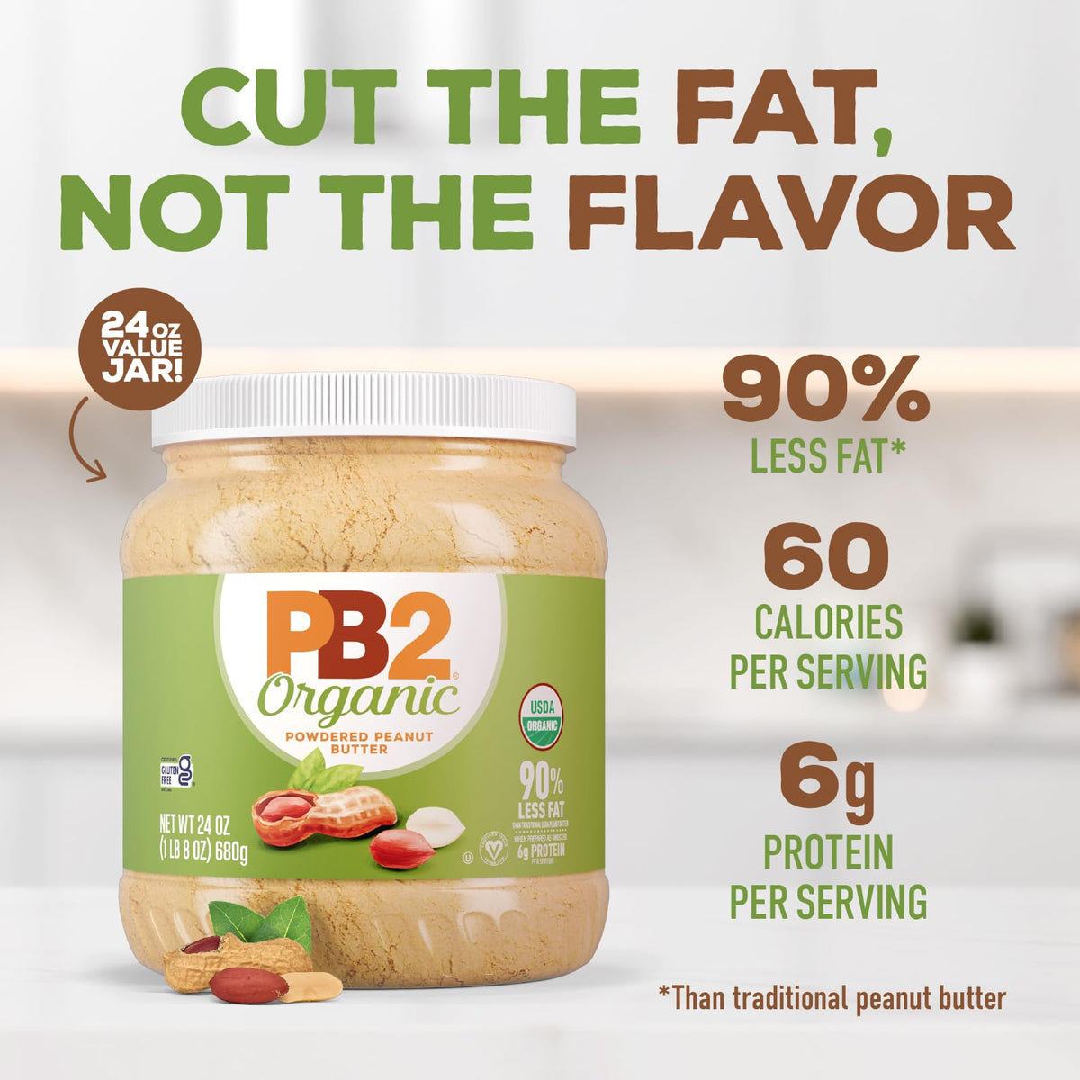 PB2 label close-up shows organic and non-GMO verification.