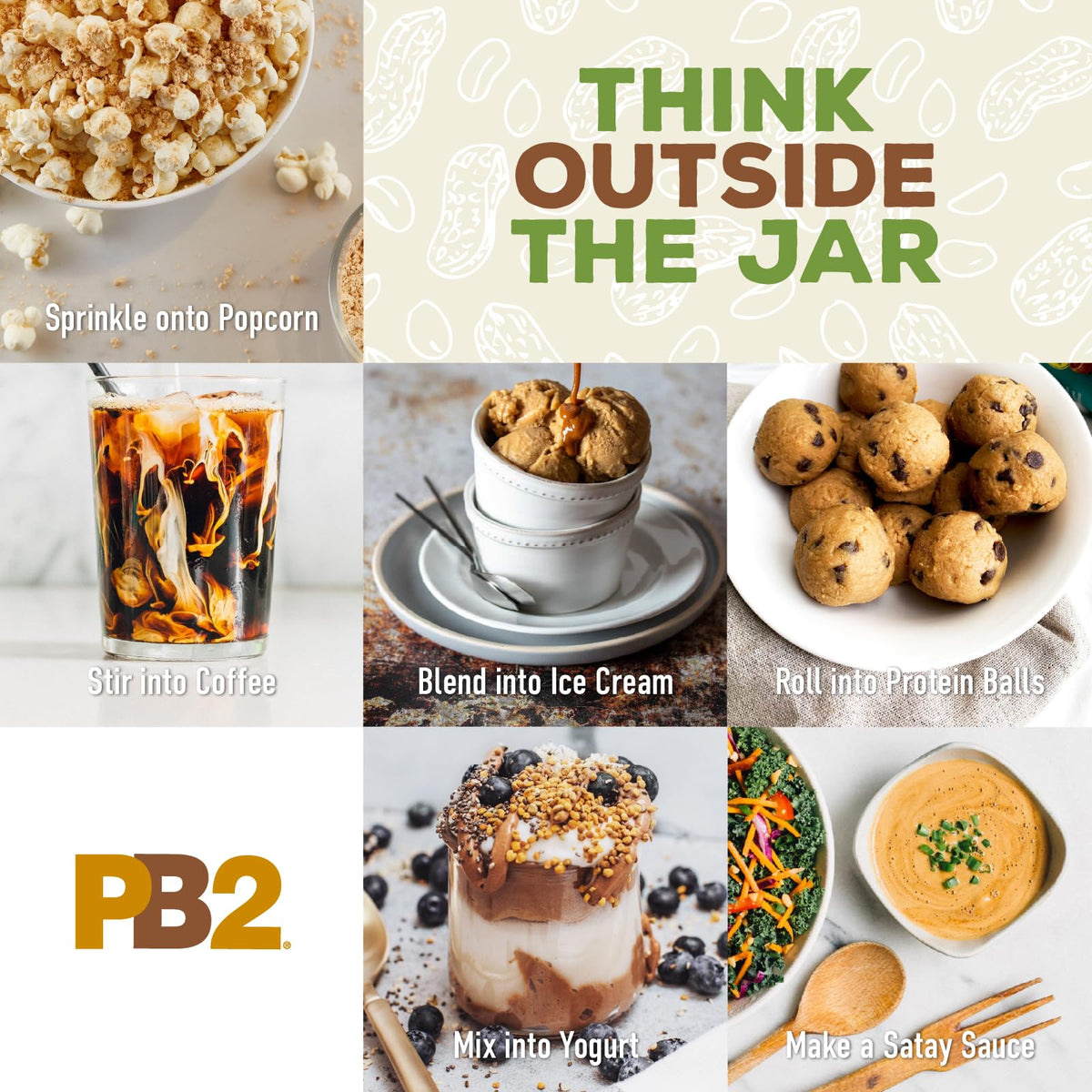 Close-up of roasted peanuts and PB2 powder ingredients.