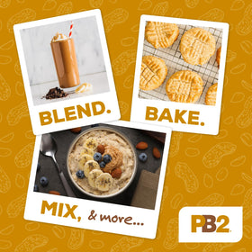PB2 original powdered peanut butter container label highlights fat and calorie savings