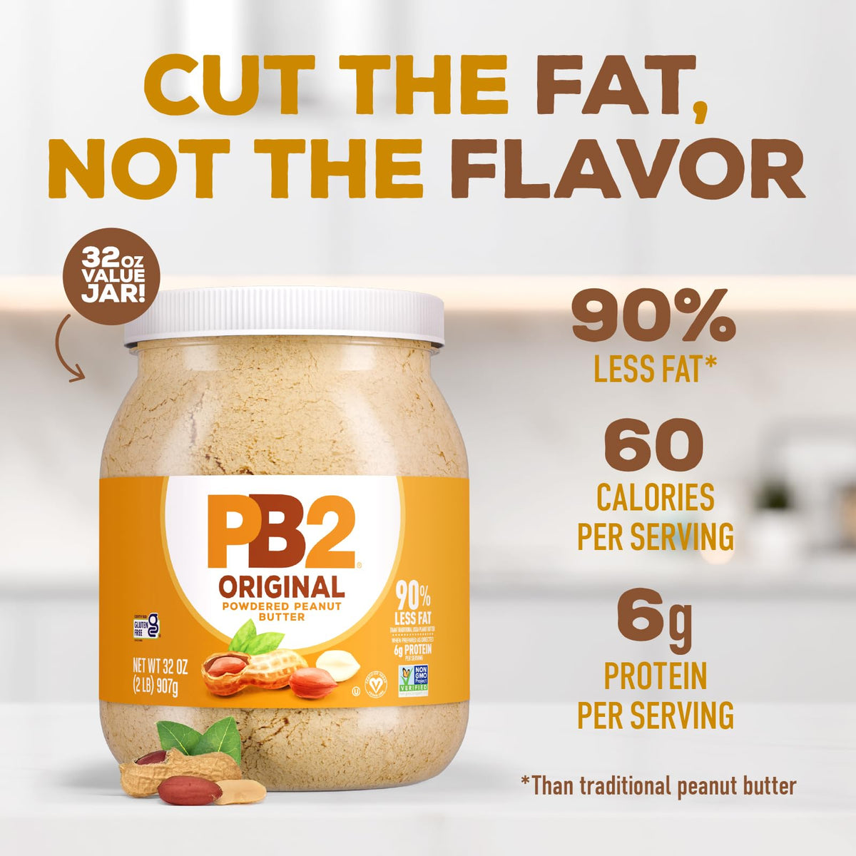 PB2 original powdered peanut butter jar back reveals nutrition details for informed choices