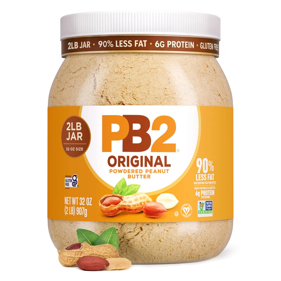 PB2 original powdered peanut butter jar front shows branding for quick protein boosts
