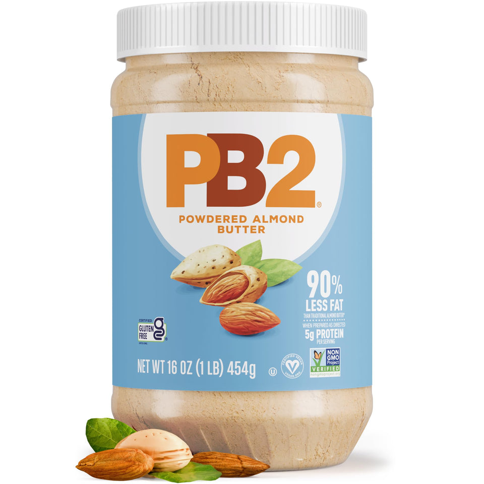 PB2 powdered almond butter jar with smooth texture for spreads and shakes.