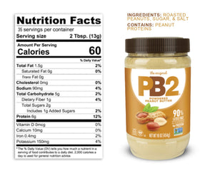 PB2 powdered peanut butter jar with spoon showing easy rehydration.