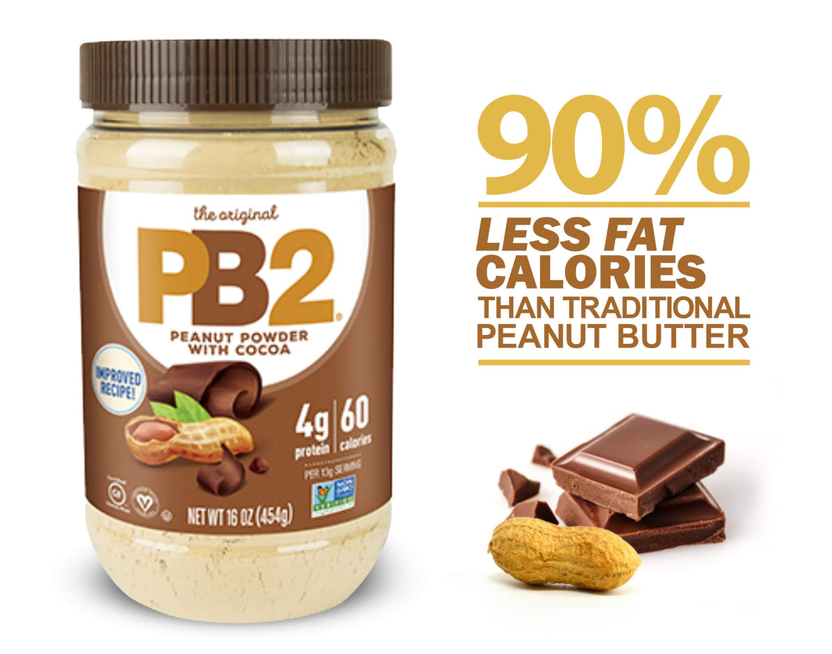 PB2 powder in a smoothie glass delivering chocolate peanut flavor with lower fat.