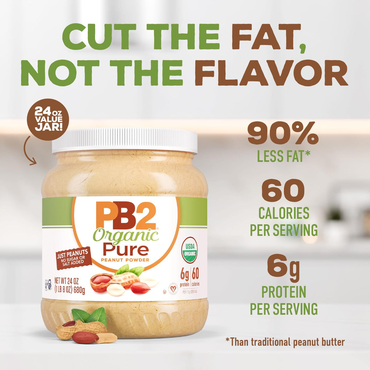 PB2 Pure Organic Powdered Peanut Butter peanuts close-up highlighting single-ingredient organic peanuts