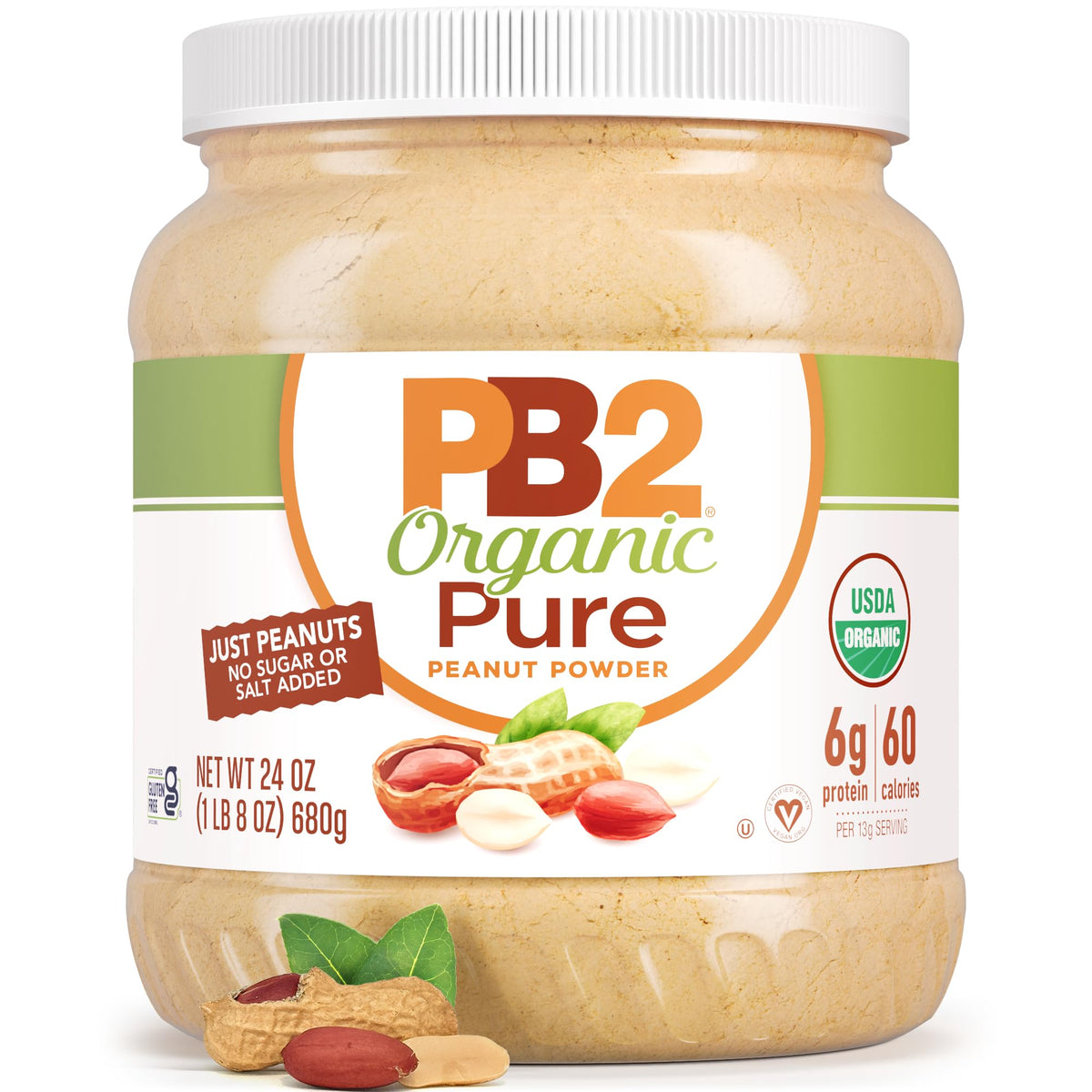 PB2 Pure Organic Powdered Peanut Butter jar close-up showing resealable packaging for easy storage