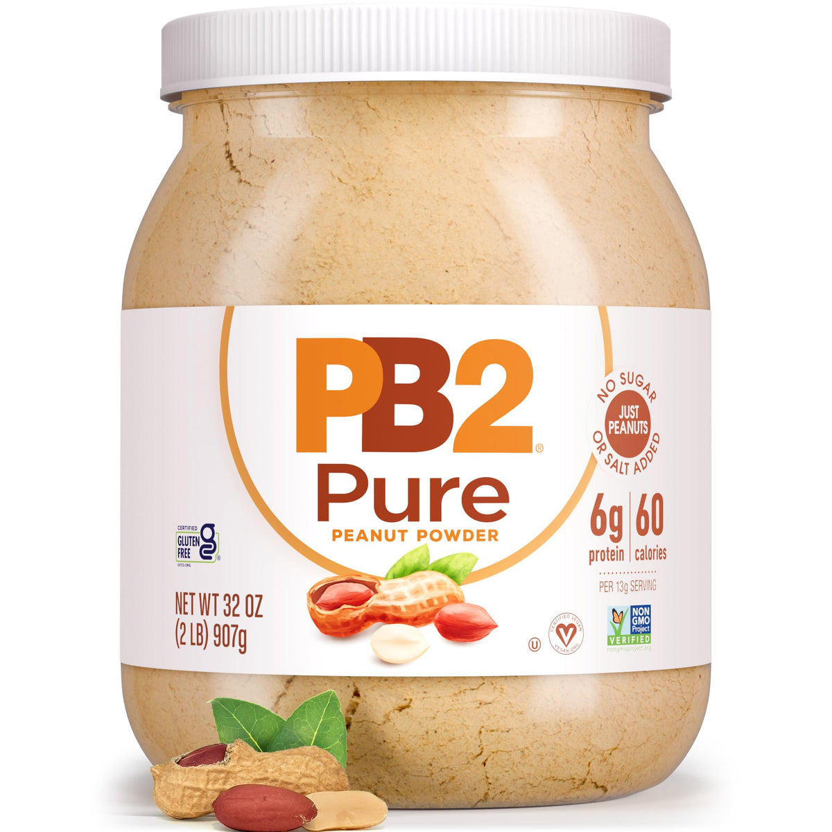 PB2 jar closeup with roasted peanut aroma and all-natural powder.