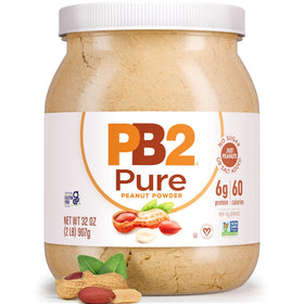 PB2 jar closeup with roasted peanut aroma and all-natural powder.