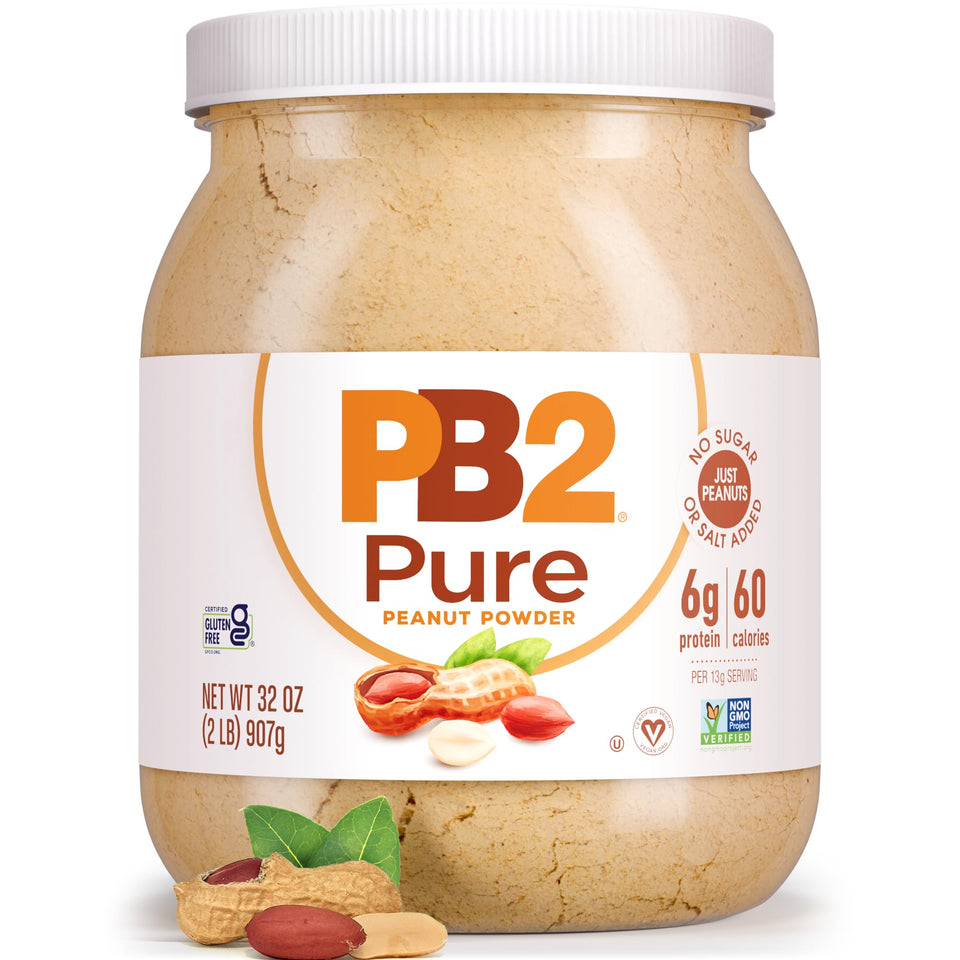 PB2 jar closeup with roasted peanut aroma and all-natural powder.