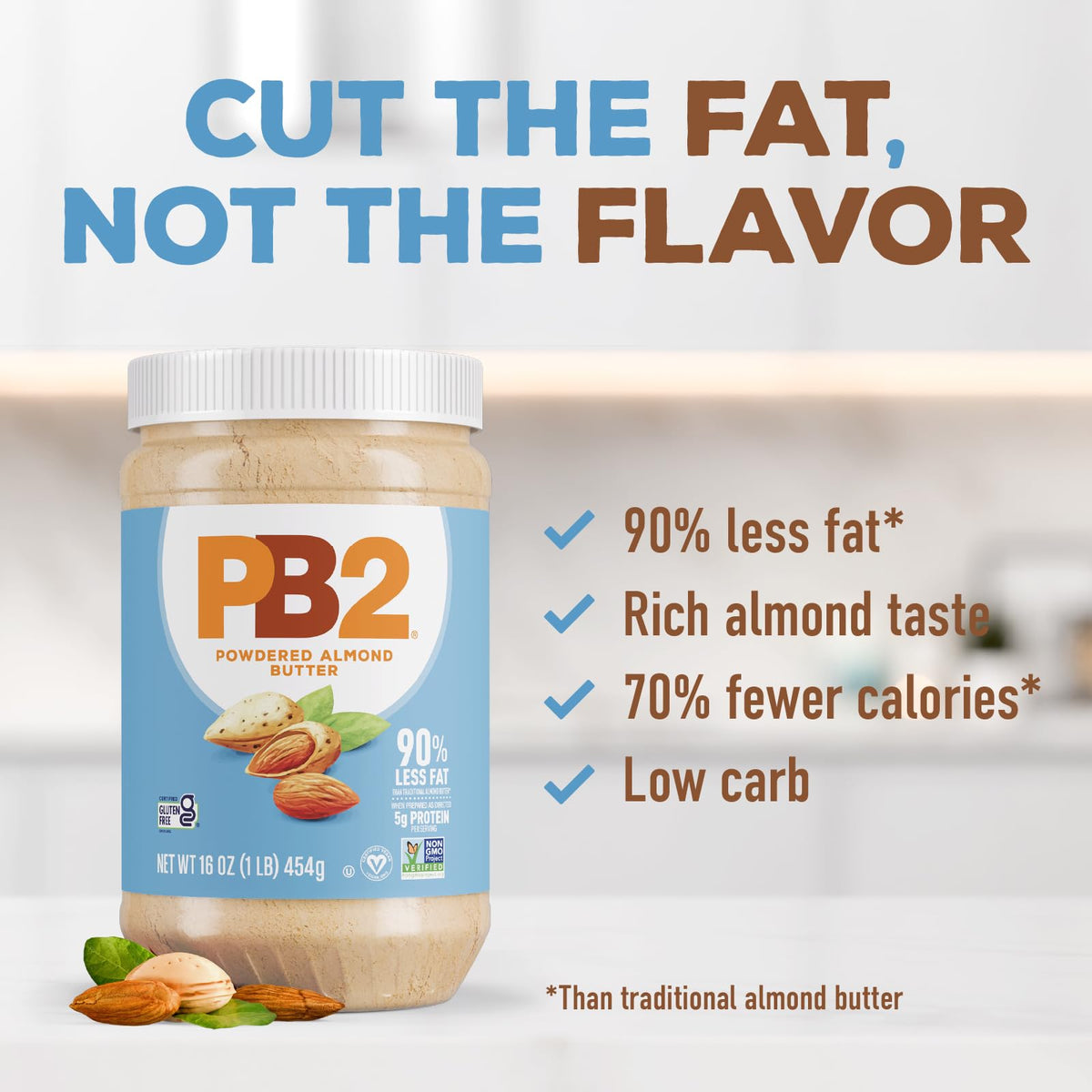 PB2 roasted almond flavor closeup highlighting rich aroma and low-fat profile.