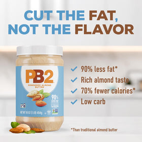 PB2 roasted almond flavor closeup highlighting rich aroma and low-fat profile.
