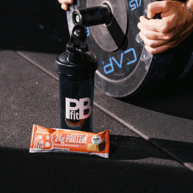 Individually wrapped PBfit bar ready for gym or office snacking.