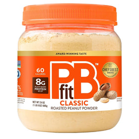 PBfit Classic Peanut Butter Powder pack shot highlighting real roasted peanuts and quick protein boost.