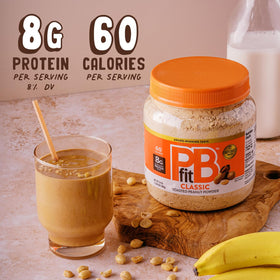 PBfit Classic Peanut Butter Powder scoop image showing easy-to-mix, low-fat snack option.
