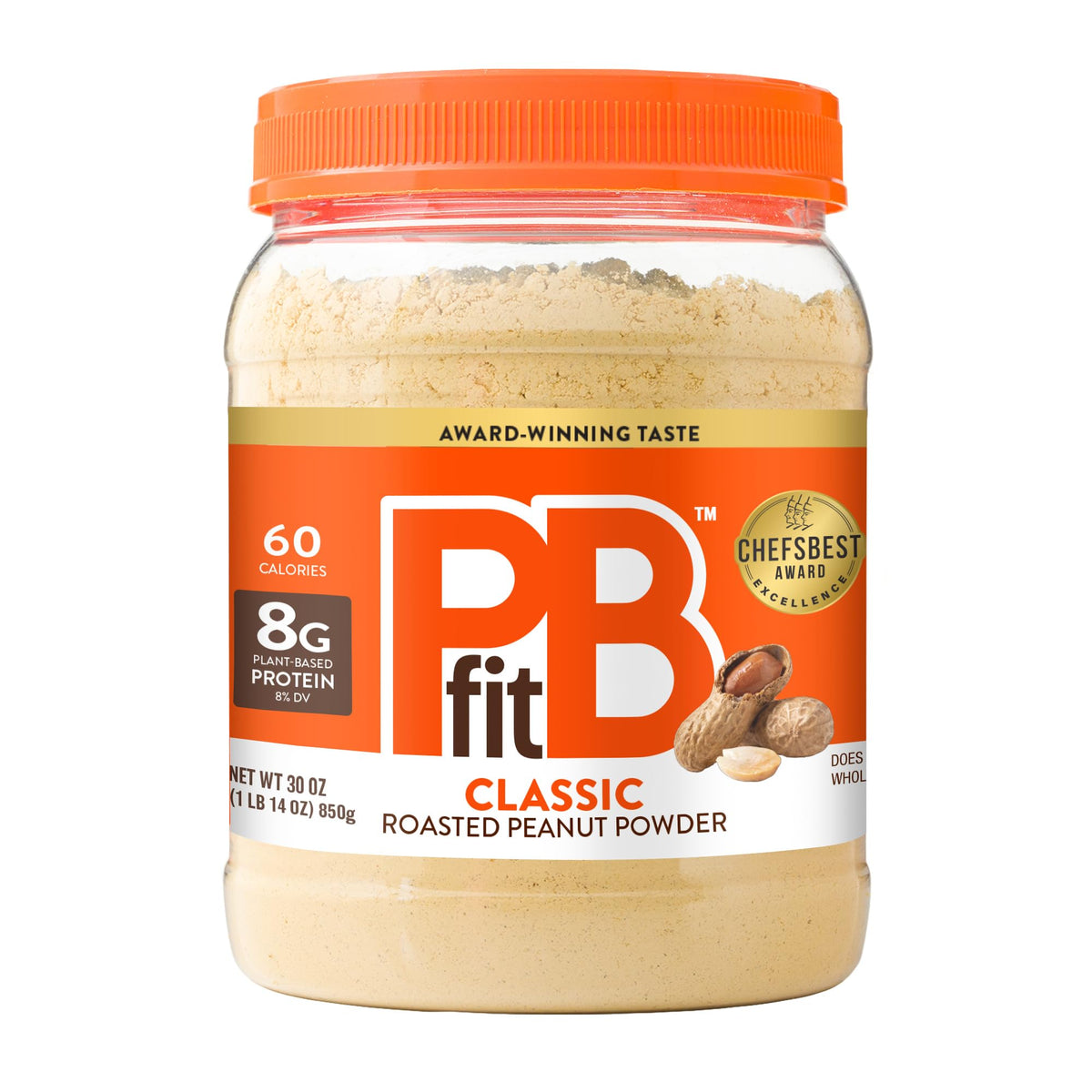 PBfit classic peanut butter powder with a scoop for a protein boost.
