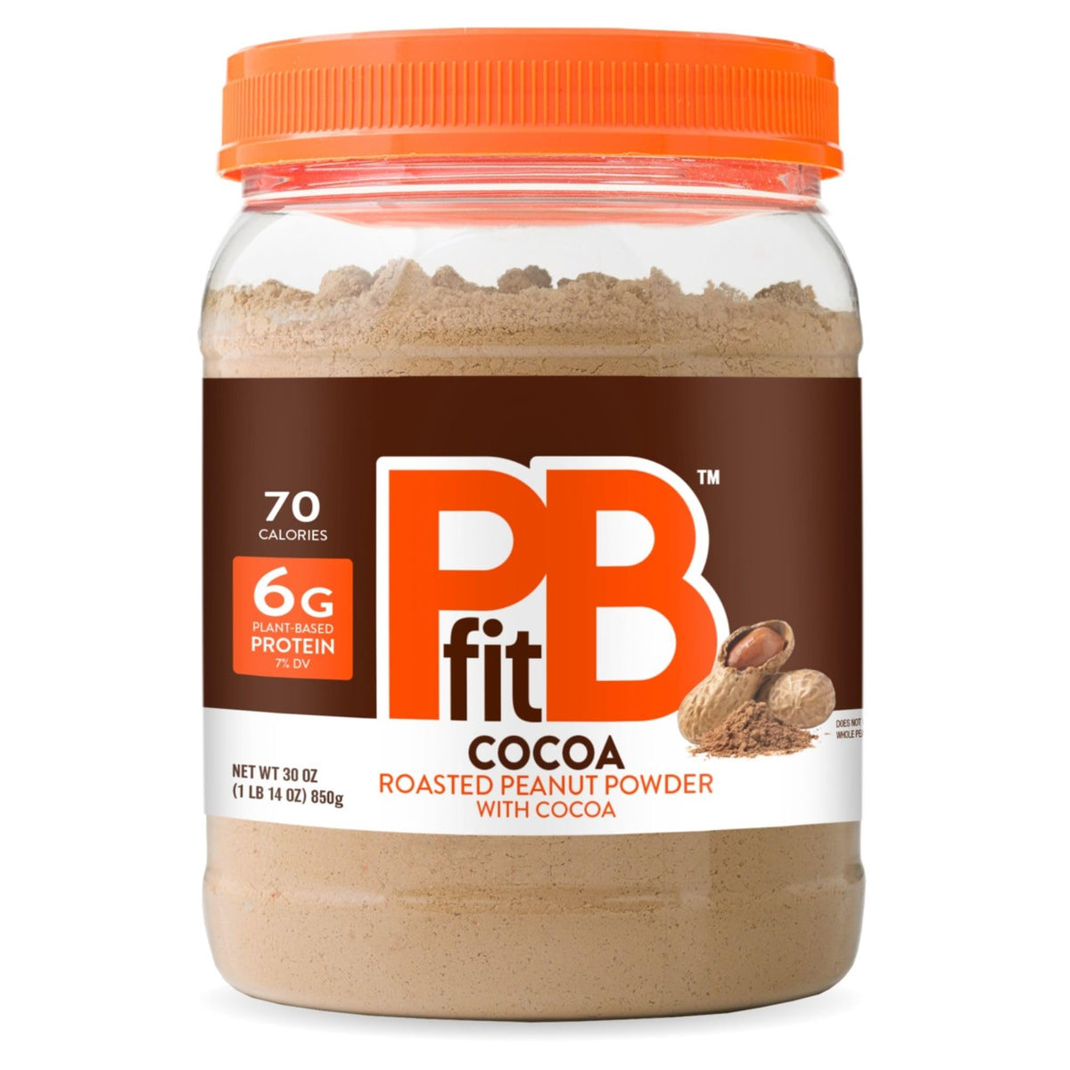 PBfit Cocoa Peanut Butter Powder closeup of the tub highlighting a low-fat, high-flavor option
