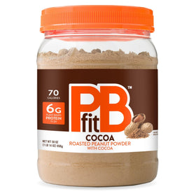 PBfit Cocoa Peanut Butter Powder closeup of the tub highlighting a low-fat, high-flavor option