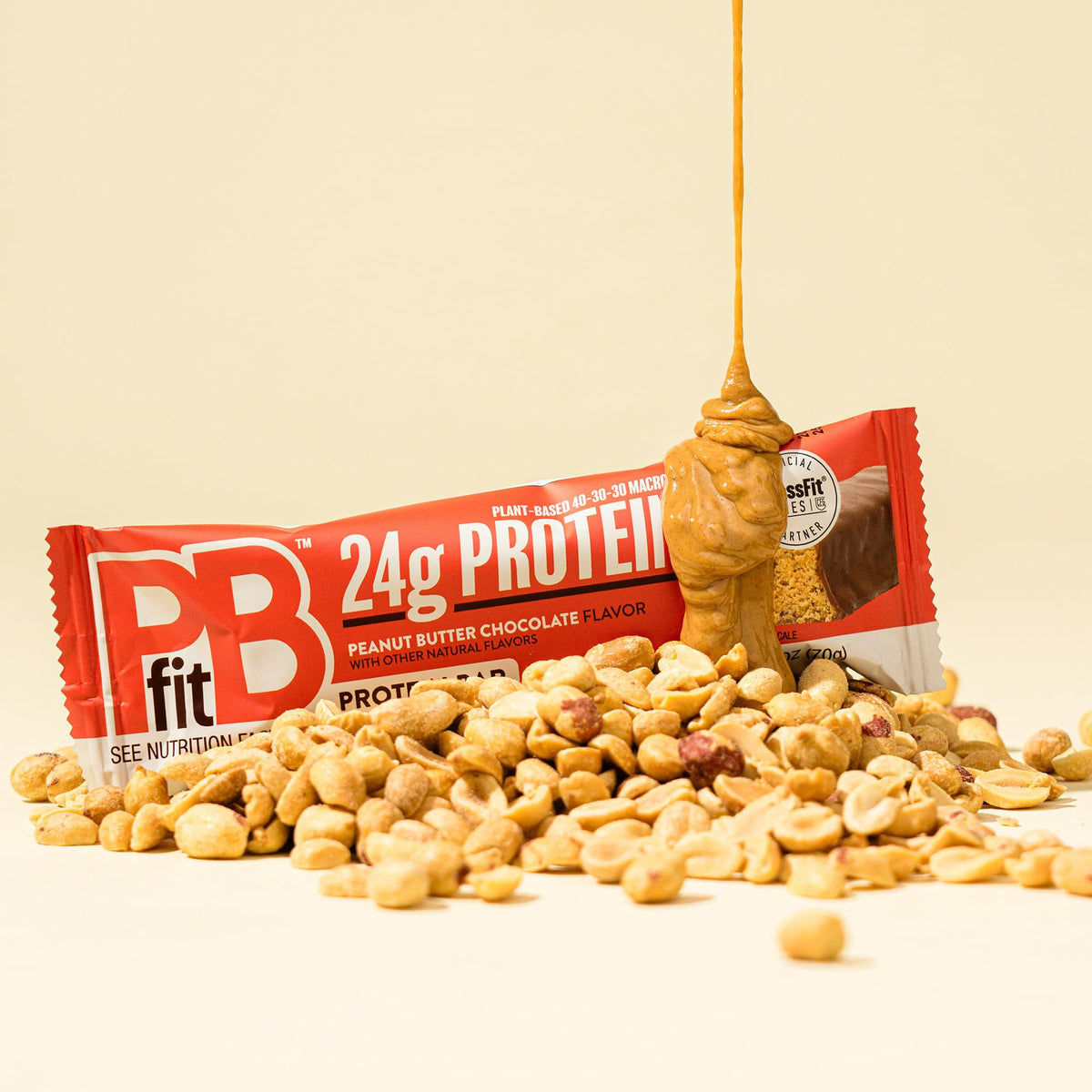 Packaging displays CrossFit Games partner badge on PBfit bar.