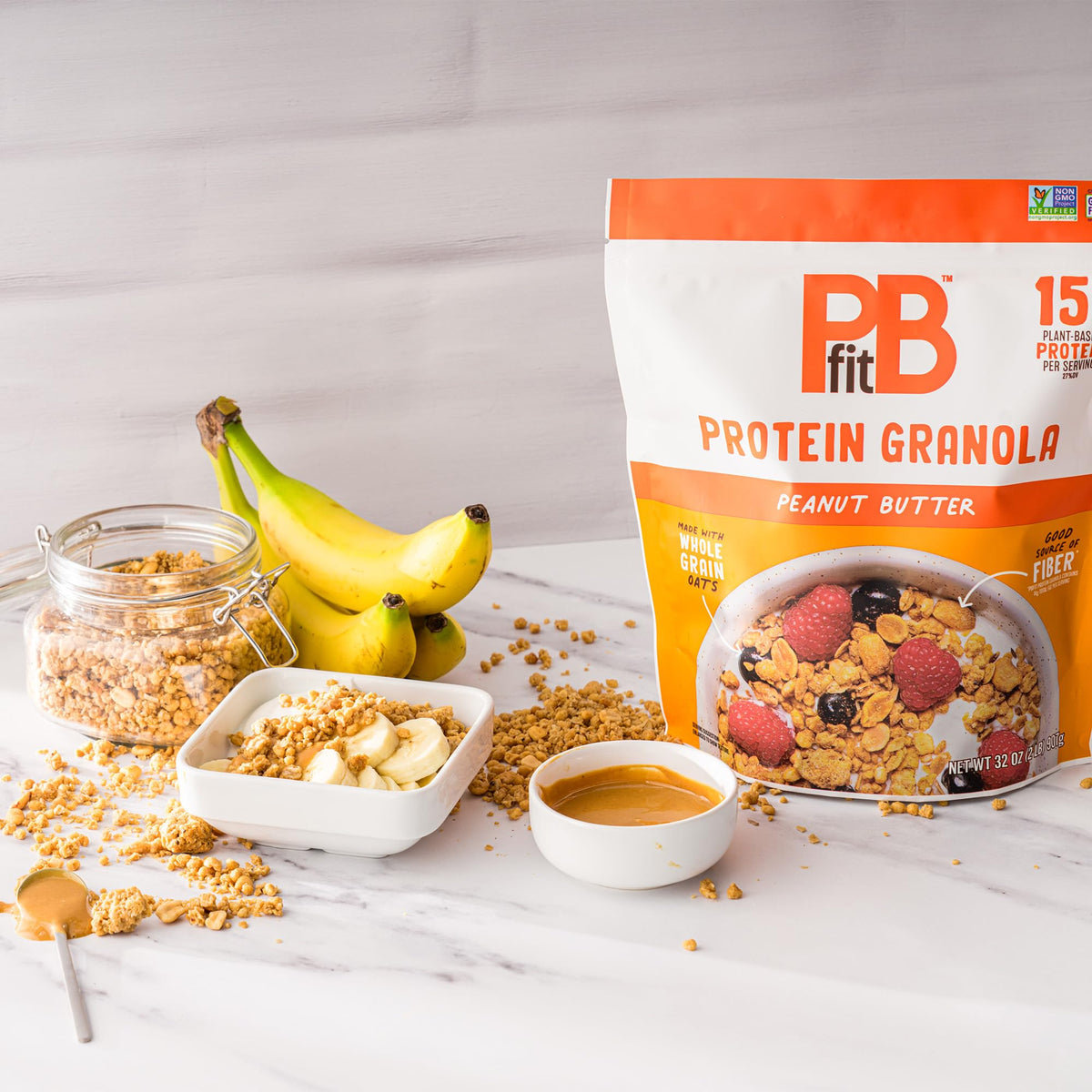PBfit Granola serving-size cluster close-up emphasizing portion control