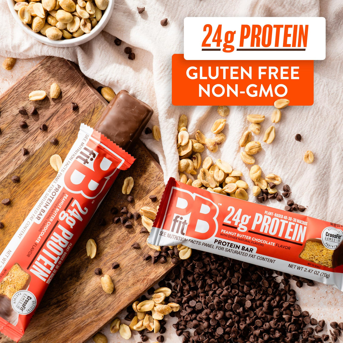 Close-up of PBfit bar showing creamy peanut butter chocolate flavor and texture.