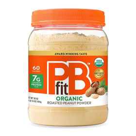 PBfit peanut butter powder bottle highlights protein-rich, low-fat spreading options.