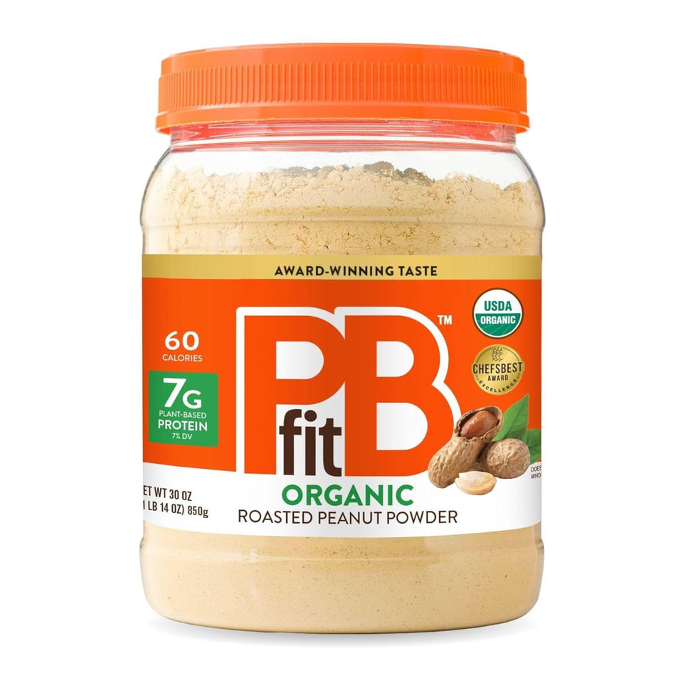 PBfit peanut butter powder bottle highlights protein-rich, low-fat spreading options.