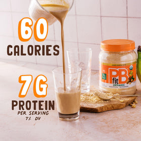 PBfit peanut butter powder scoop showcases easy protein boost in smoothies.