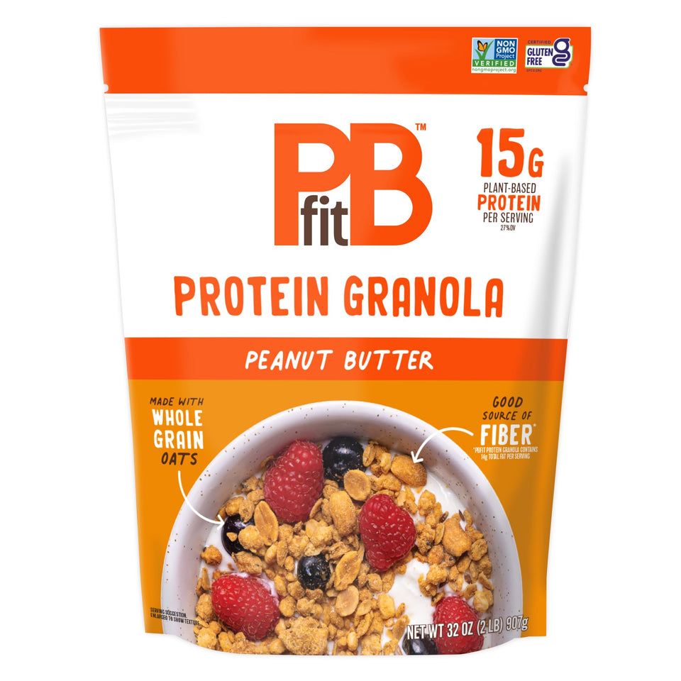PBfit Peanut Butter Protein Granola bag front showing gluten-free packaging and protein focus