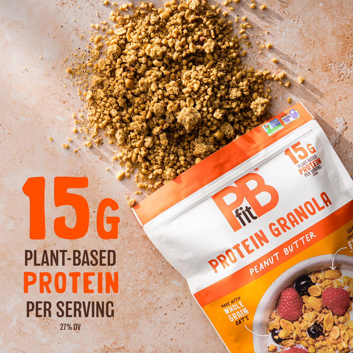 PBfit Protein Granola crunch close-up with bite-sized clusters and peanut aroma