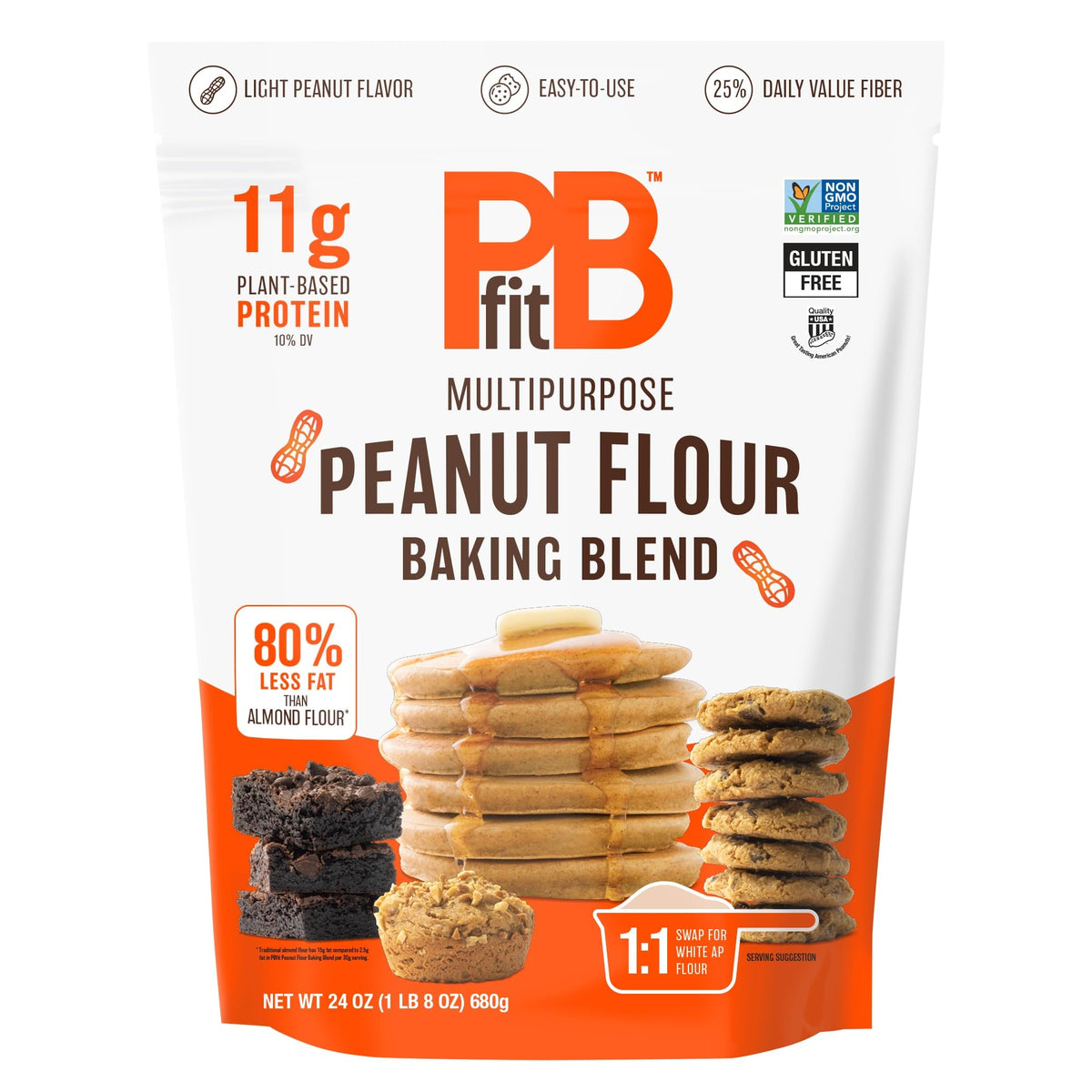 PBfit Peanut Flour Baking Blend packaging showcases gluten-free, high-protein baking option.