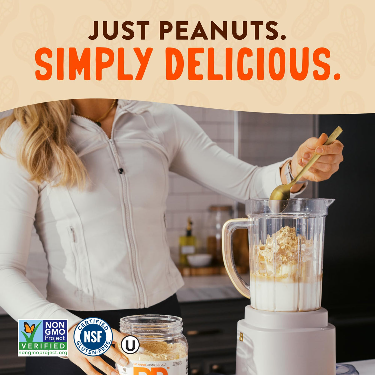 PBfit Simply Peanut Powder close-up of roasted peanuts for baking and smoothies.