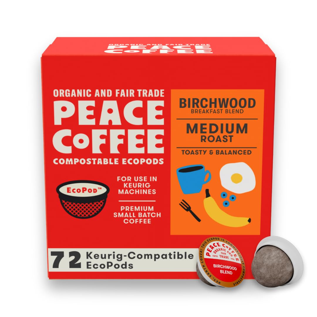 Peace Coffee Birchwood Breakfast Blend packaging with compostable pods for an eco-friendly morning.