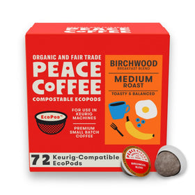 Peace Coffee Birchwood Breakfast Blend packaging with compostable pods for an eco-friendly morning.