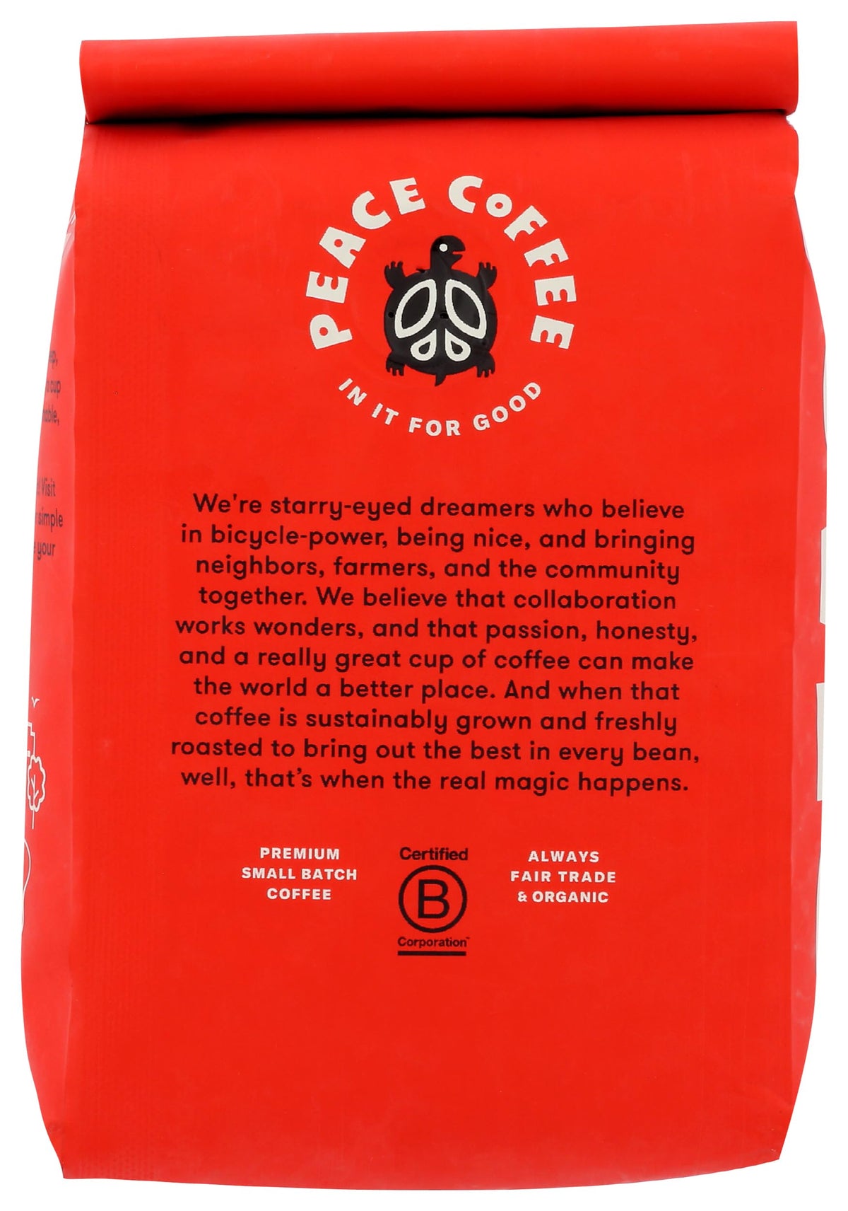Peace Coffee Birchwood Organic Whole Bean label close-up, highlights organic and fair trade credentials.
