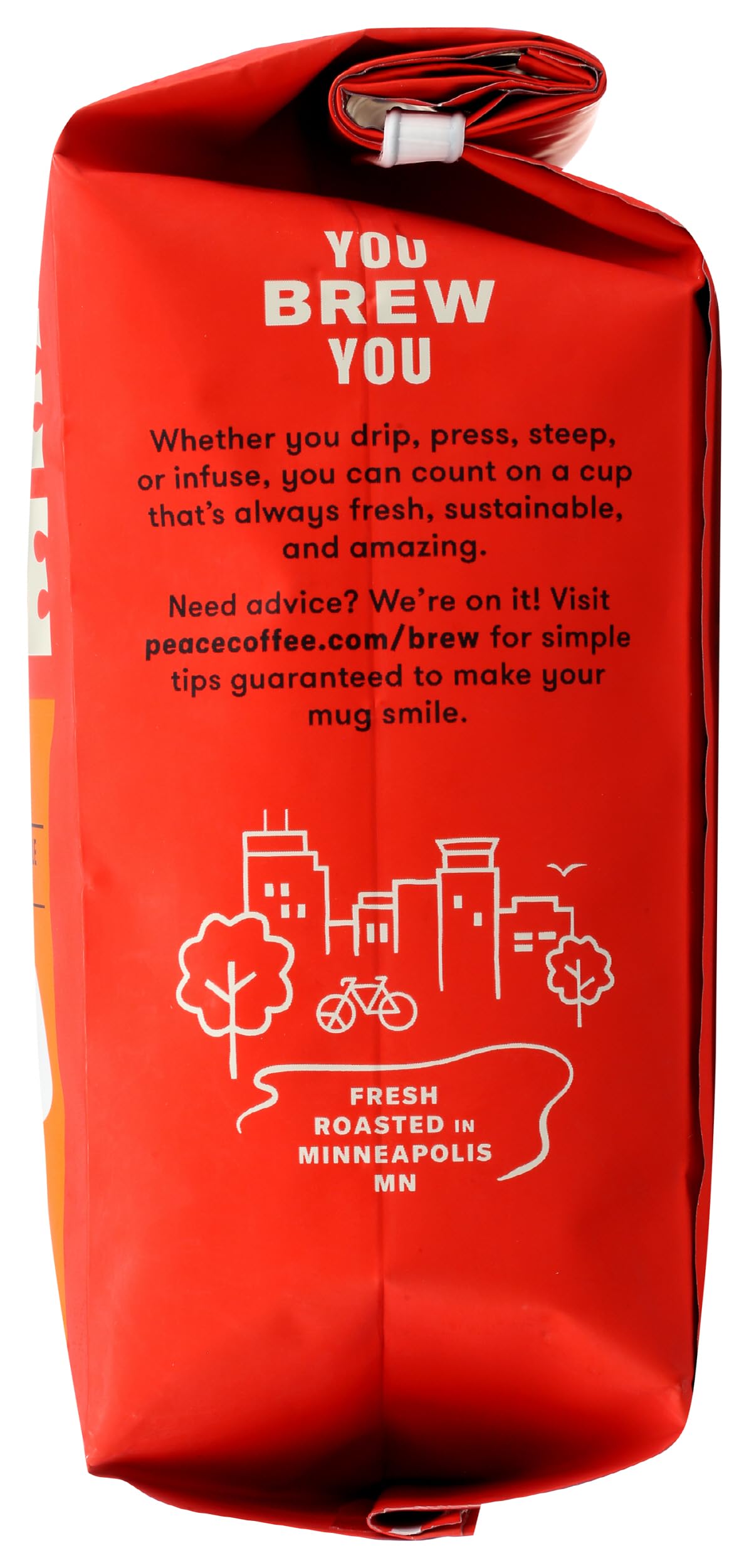 Peace Coffee Birchwood bag displays organic, fair trade and B Corp badges.