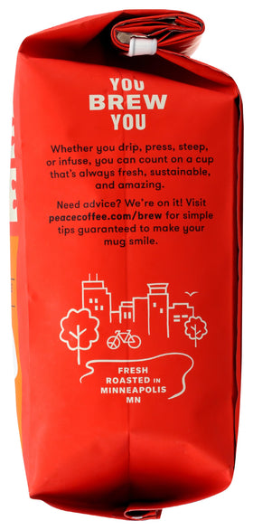 Peace Coffee Birchwood bag displays organic, fair trade and B Corp badges.
