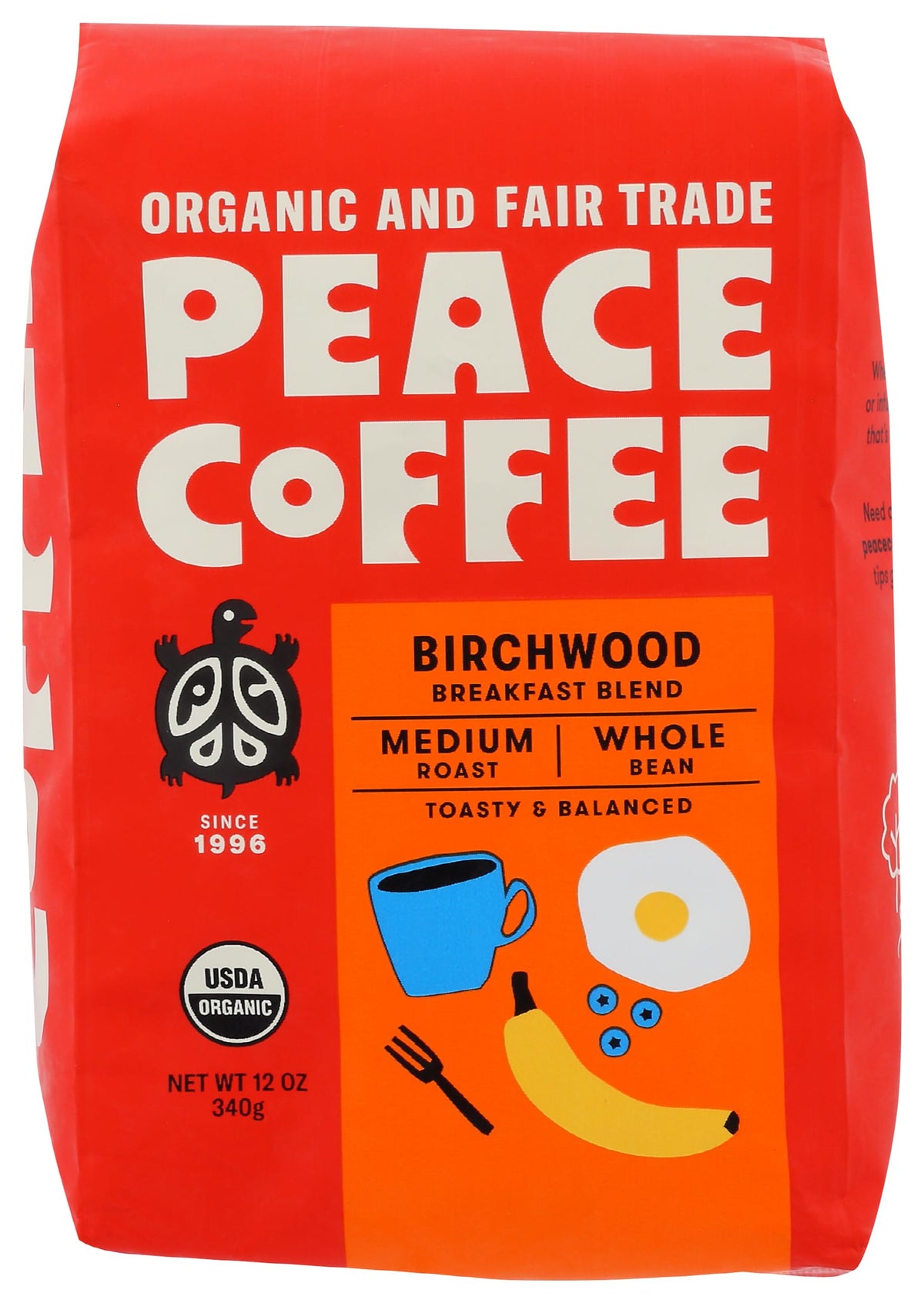 Peace Coffee Birchwood Organic Whole Bean bag close-up, aromatic promise for a flavorful morning ritual.
