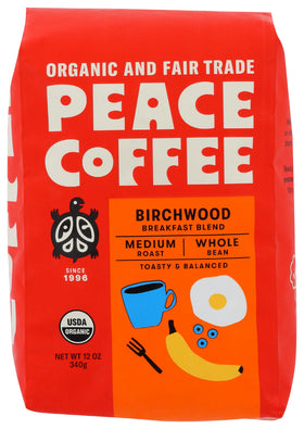 Peace Coffee Birchwood Organic Whole Bean bag close-up, aromatic promise for a flavorful morning ritual.