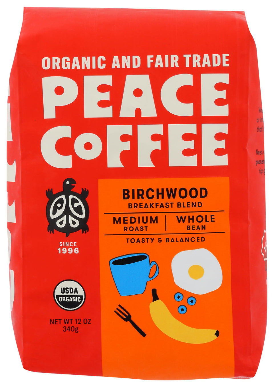 Peace Coffee Birchwood Organic Whole Bean bag close-up, aromatic promise for a flavorful morning ritual.