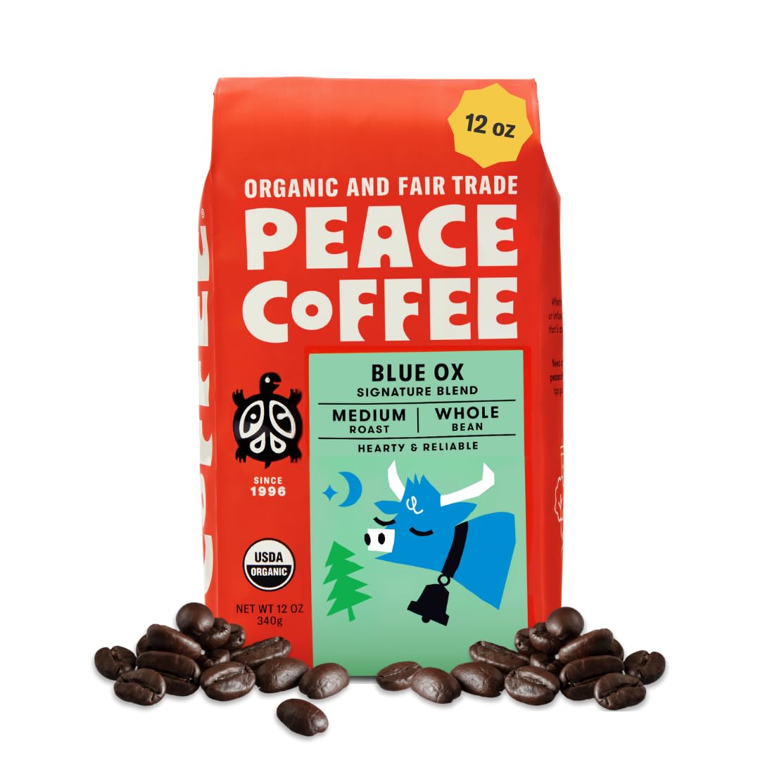 Peace Coffee Blue Ox Blend bag front showing organic and fair trade branding.