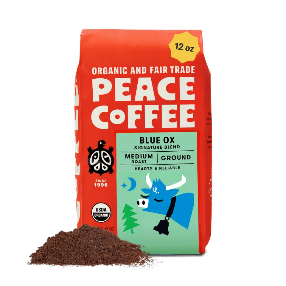 Peace Coffee Blue Ox Blend bag with label, showcasing organic fair trade beans for home brewing.