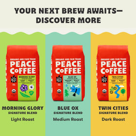 Peace Coffee Decaf French Roast shade-grown beans offer balanced, natural sweetness