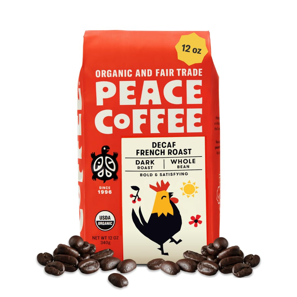 Peace Coffee Decaf French Roast whole bean bag with rich aroma for home brewing